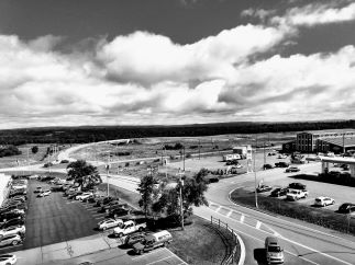 A black and white photo of a parkinglot
